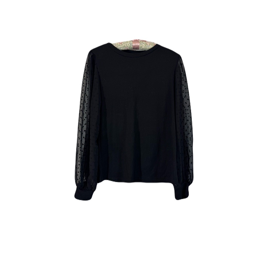 SHEIN Black Ribbed Knit Top Sheer Swiss Dot Mesh Balloon Sleeve Blouse Large
